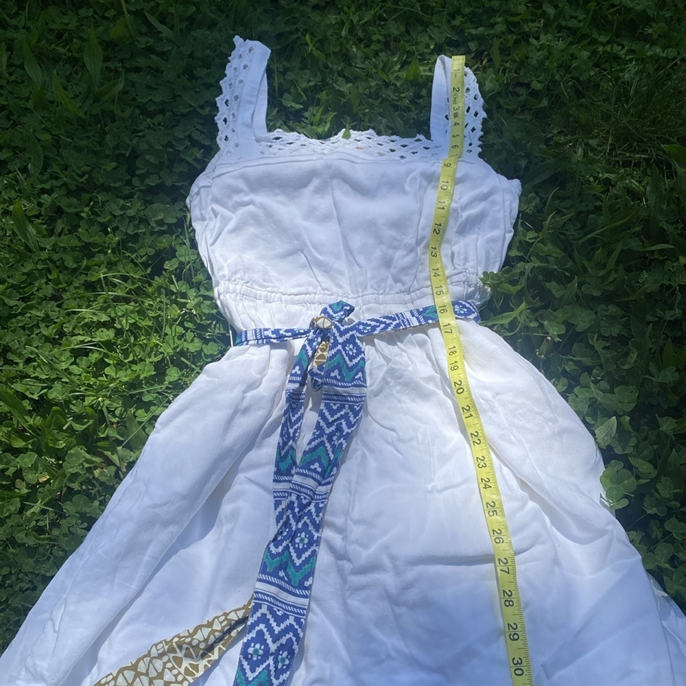 Anthropologie Maeve White Eyelet Dress w/Blue Belt Medium Summer Wedding Guest